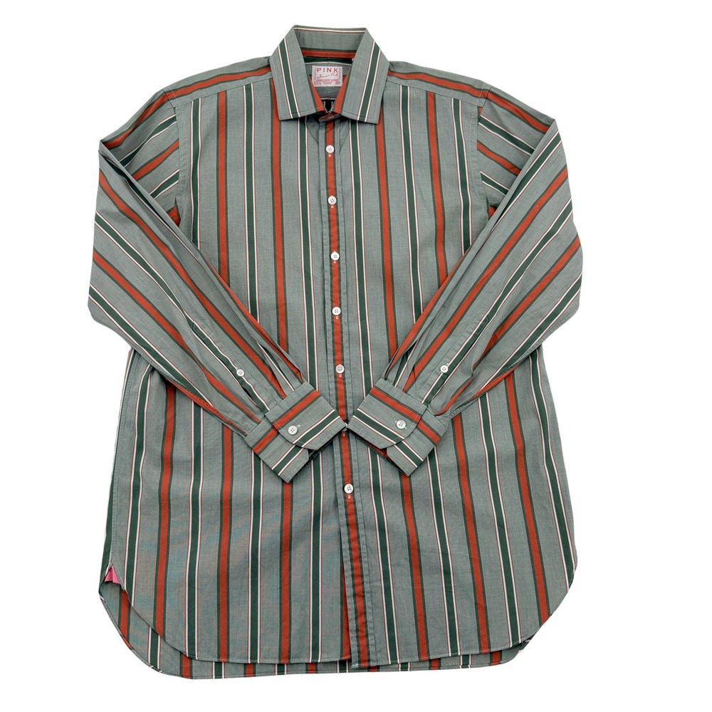 Thomas Pink Mens Striped Button Down Shirt Green Orange Cotton 15.5 39 Regular